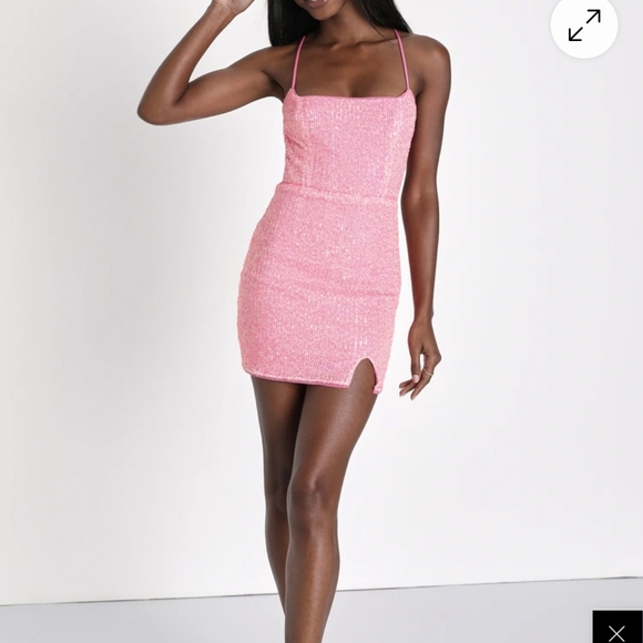 Lulus Sequin Lace Up Bodycon Mini Dress Pink Shimmer Mesh Overlay M - Picture 1 of 7